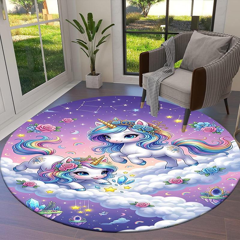 1PC Unicorns Clouds Non-Slip Floor Round Carpet, Office, Family, Bedroom, Large Area Rug Indoor Rugs, Durable Polyester-L0392