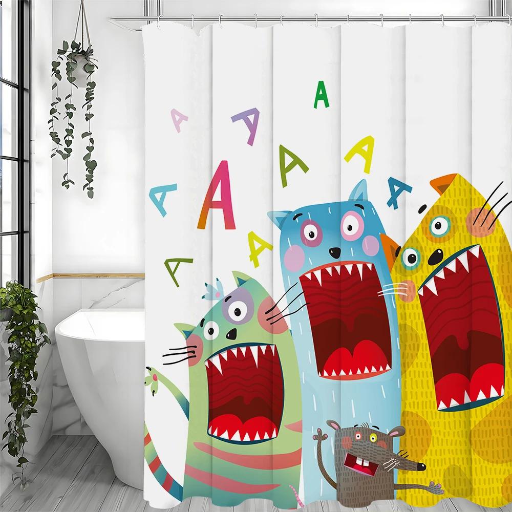 Bunter Monster-Duschvorhang für ein lustiges und verspieltes Badezimmer, mit skurrilen Zeichentrickfiguren mit breitem Grinsen und