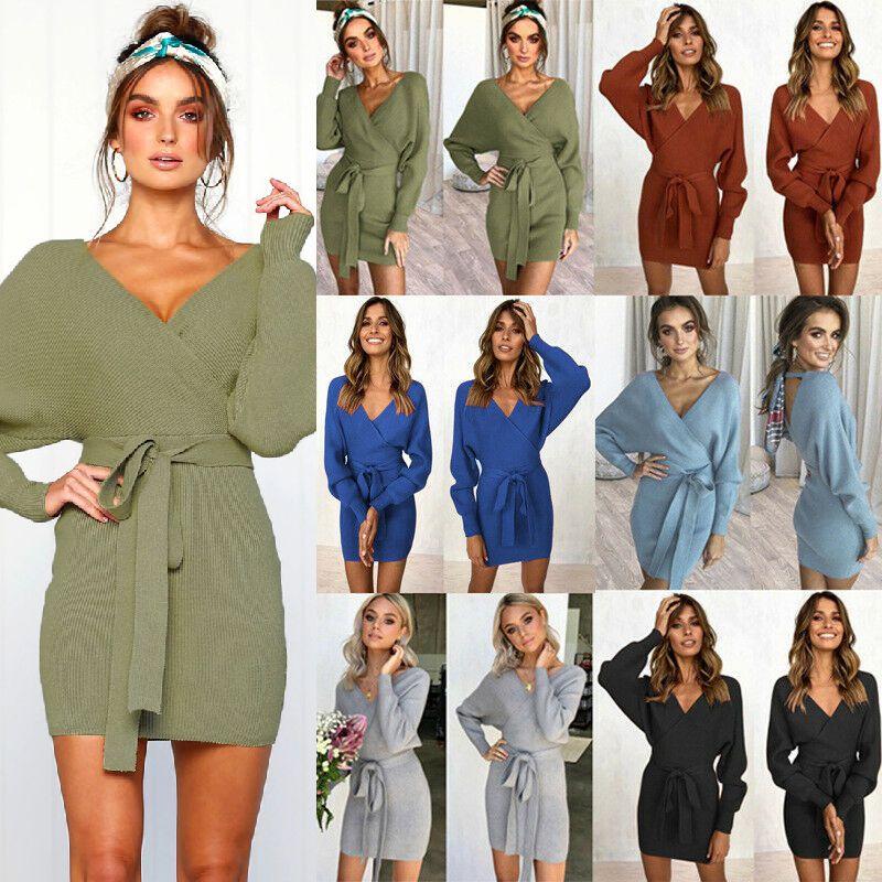 Elegant Women's V-neck Bodycon Jumper Dress With Long Sleeves And Tie Belt