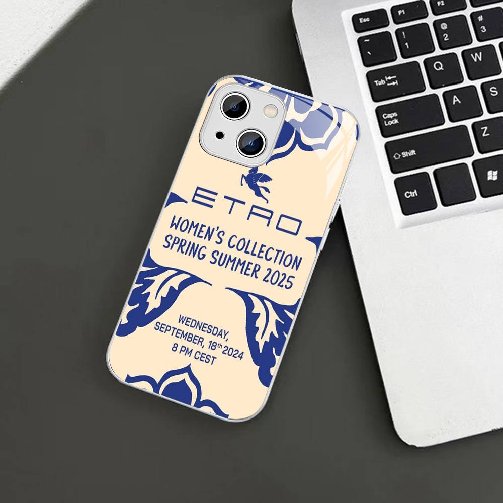 Luxuxy E-ETRO Logo Tempered Glass For Iphone 14 13 12 11 Pro Mini XS MAX 14Plus X XS XR Cover