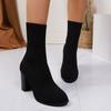 Mode Rundkopf Stretch Sockenstiefel Sommer Dicke Ferse Elastische Sockenstiefel Neu Mittelhoher Schaft High Heels Schlichte Stiefeletten