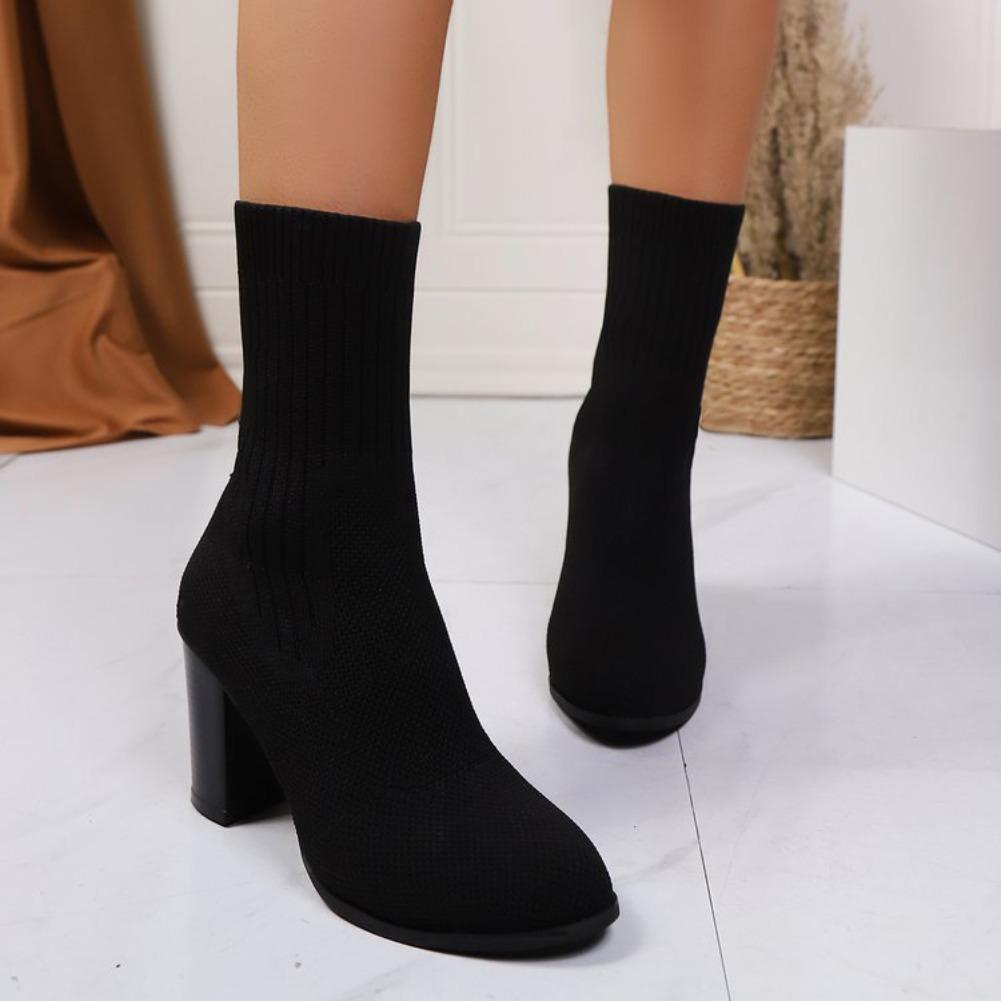Mode Rundkopf Stretch Sockenstiefel Sommer Dicke Ferse Elastische Sockenstiefel Neu Mittelhoher Schaft High Heels Schlichte Stiefeletten