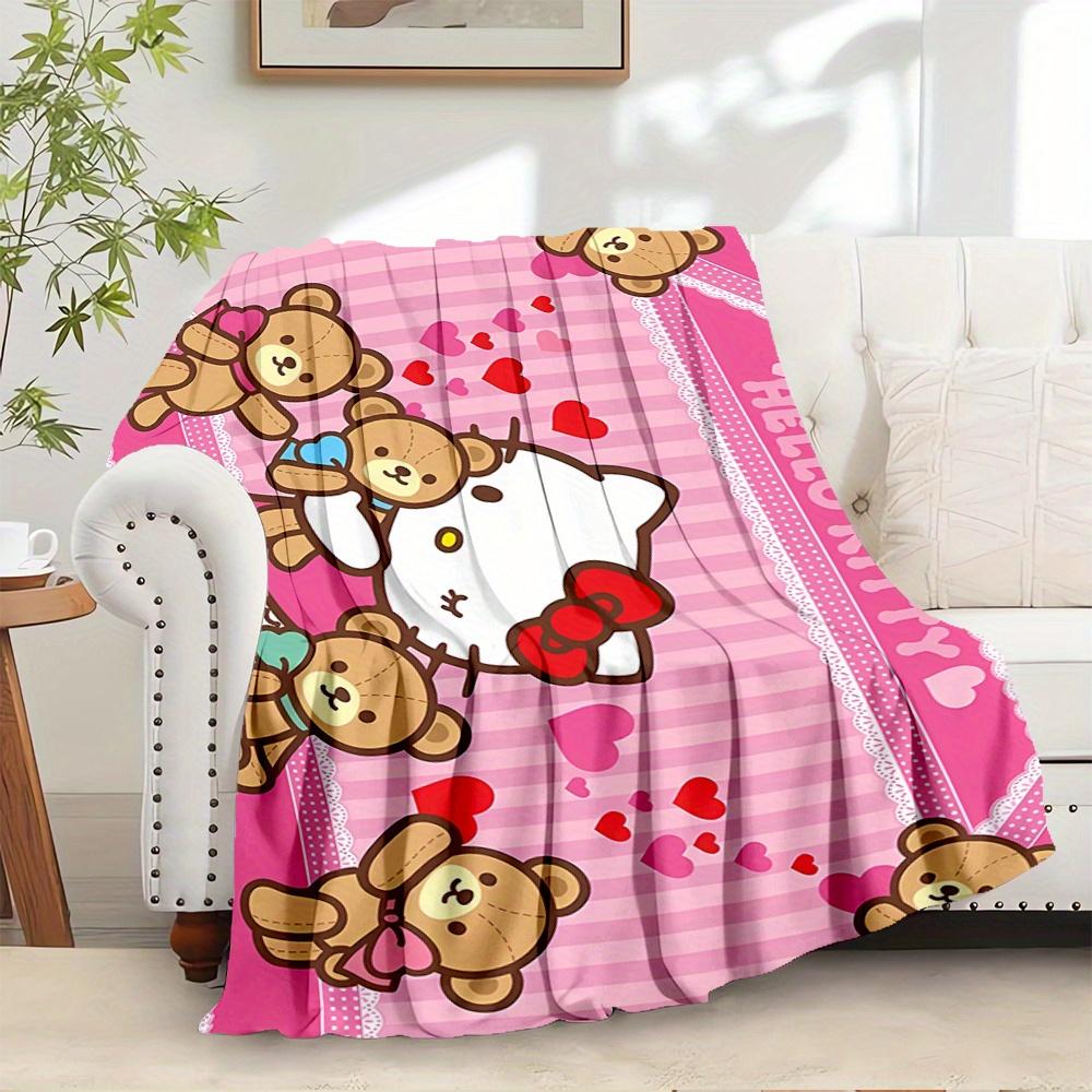 

For Kitty, Teddy Bears, HeartsAnime-Themed Flannel Blanket, Glam Style, Digital Print, All-Season Comfort, Tear-Resistant, Knitted Craftsman 130x150cm