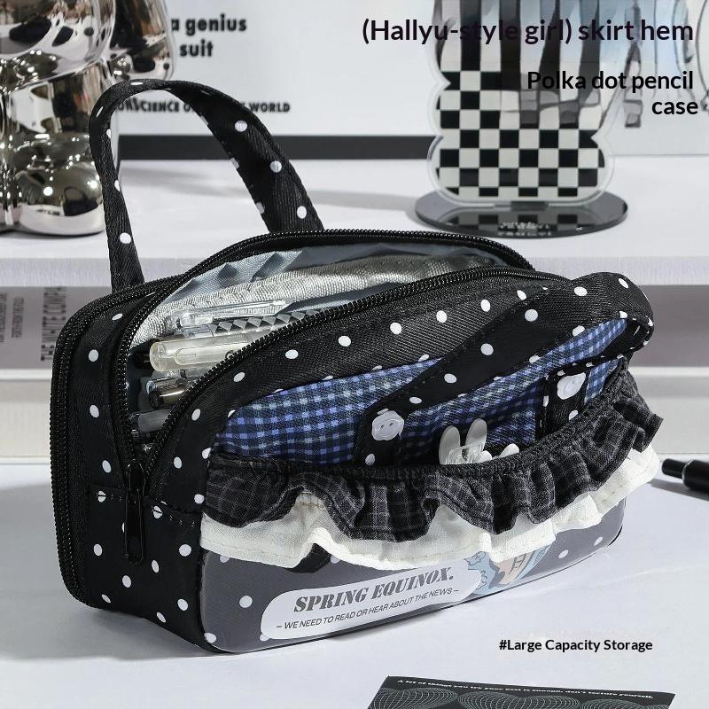 Breathable Plaid Polka Dot Lace Pencil Case Large Capacity Multi Compartment Clear Itabag for Student School Supplies
