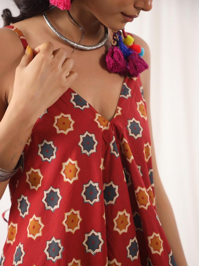 Hand Block Print Jumpsuit Baumwolle Rot Schwarz Jumpsuit,Einheitsgröße mit Taschen Boho Chic Handgefertigt Yoga Jumpsuit Sommer,lockerer Overall,Harem Jumpsuit