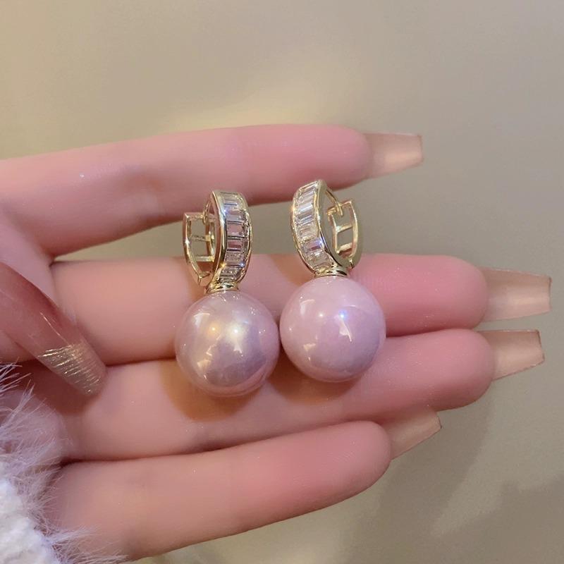 

Luxurious and Fashionable Zircon Pink Color Round Bead Hanging Earrings, Ladies Elegant Temperament Holiday Accessories Gifts