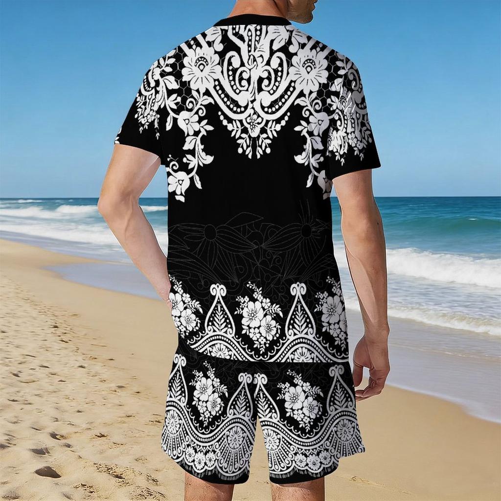 Men Vintage Floral Mandala Print Short Sleeve Top And Matching Knee Shorts Two Piece Outfit