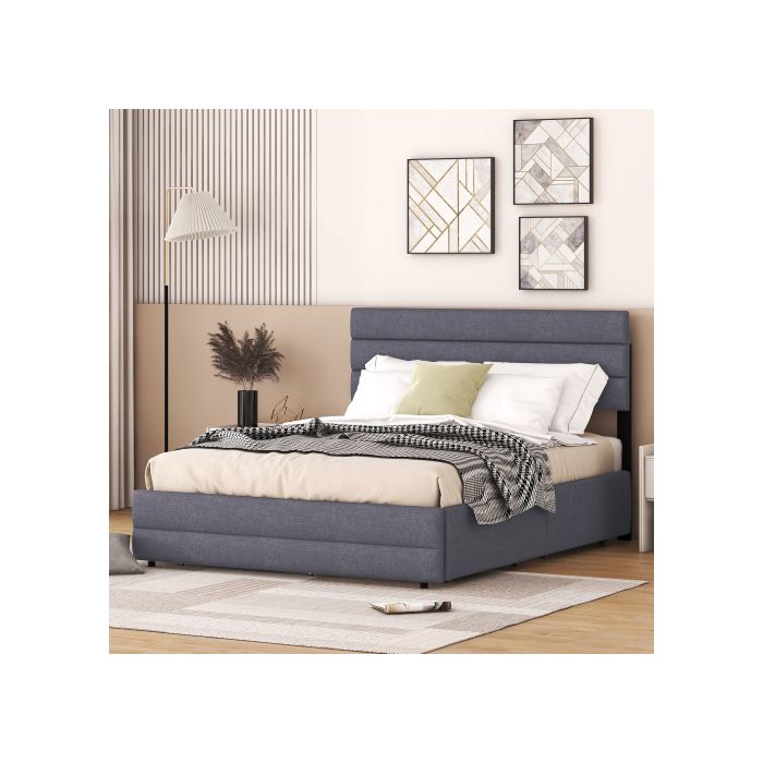 Lit Plate-forme - MUVOE - 140 X 200 Cm - Gris - 2 Tiroirs De Rangement - Montage Facile