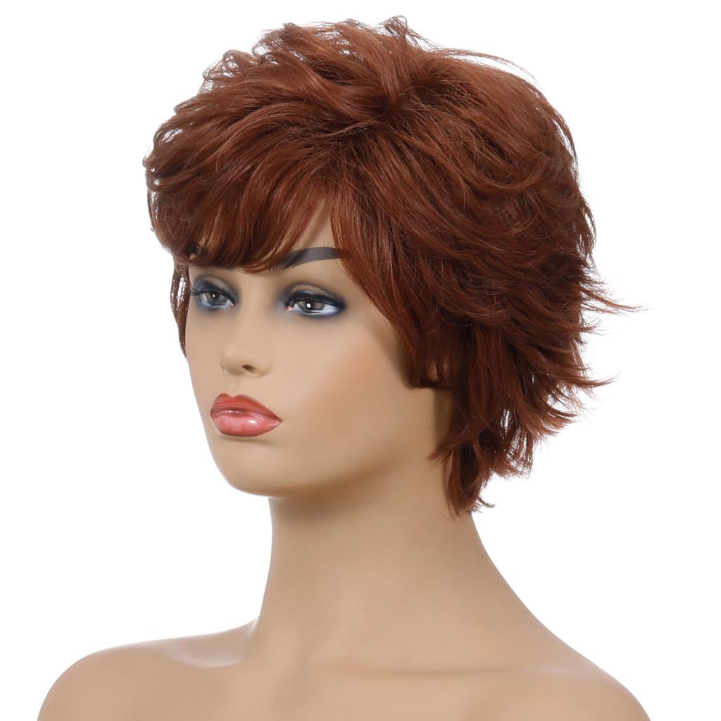 Ladies Synthetic Wig for Women Short Curly Hair with Bang Red Brown Wig for Daily Use High Temperature Fiber Wigs