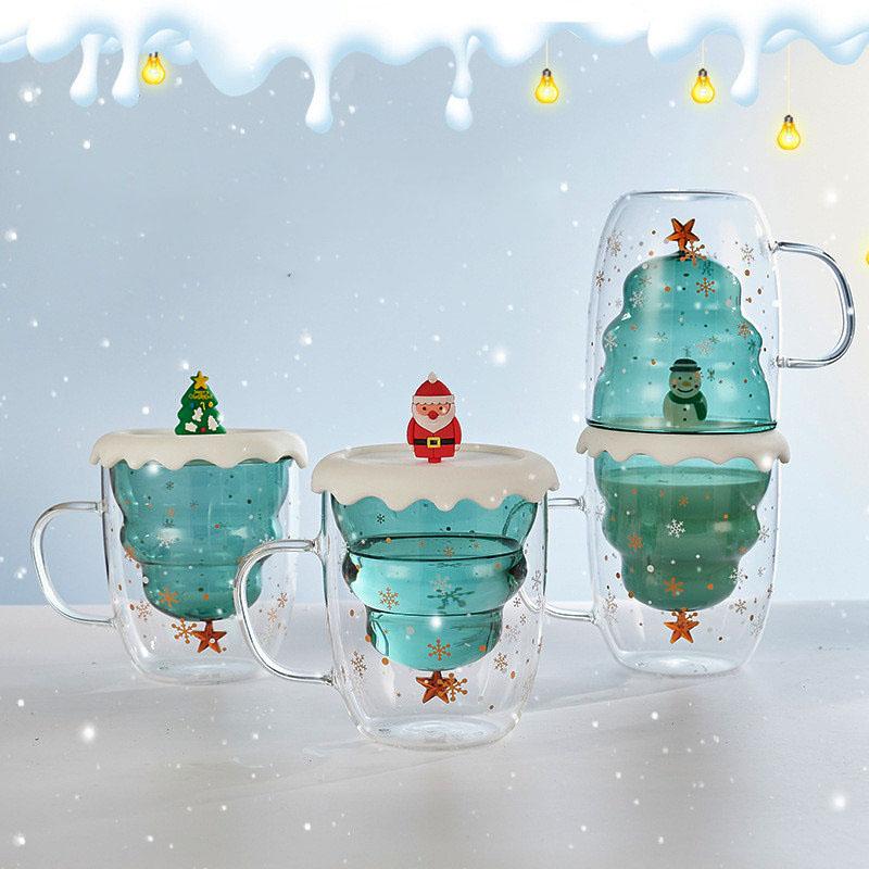 YWDL Creative Christmas Tree Glass Cup With Lid Coffee Mug Double Wall Transparent Coffee Milk Mug Christmas Gifts Cups For Girl