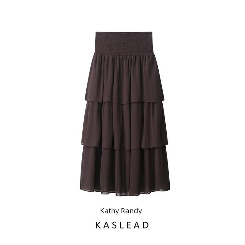 Kaslead New Women Clothes Western Style Fashion Simple and Versatile Frill Laminated Half Body Long Dress
