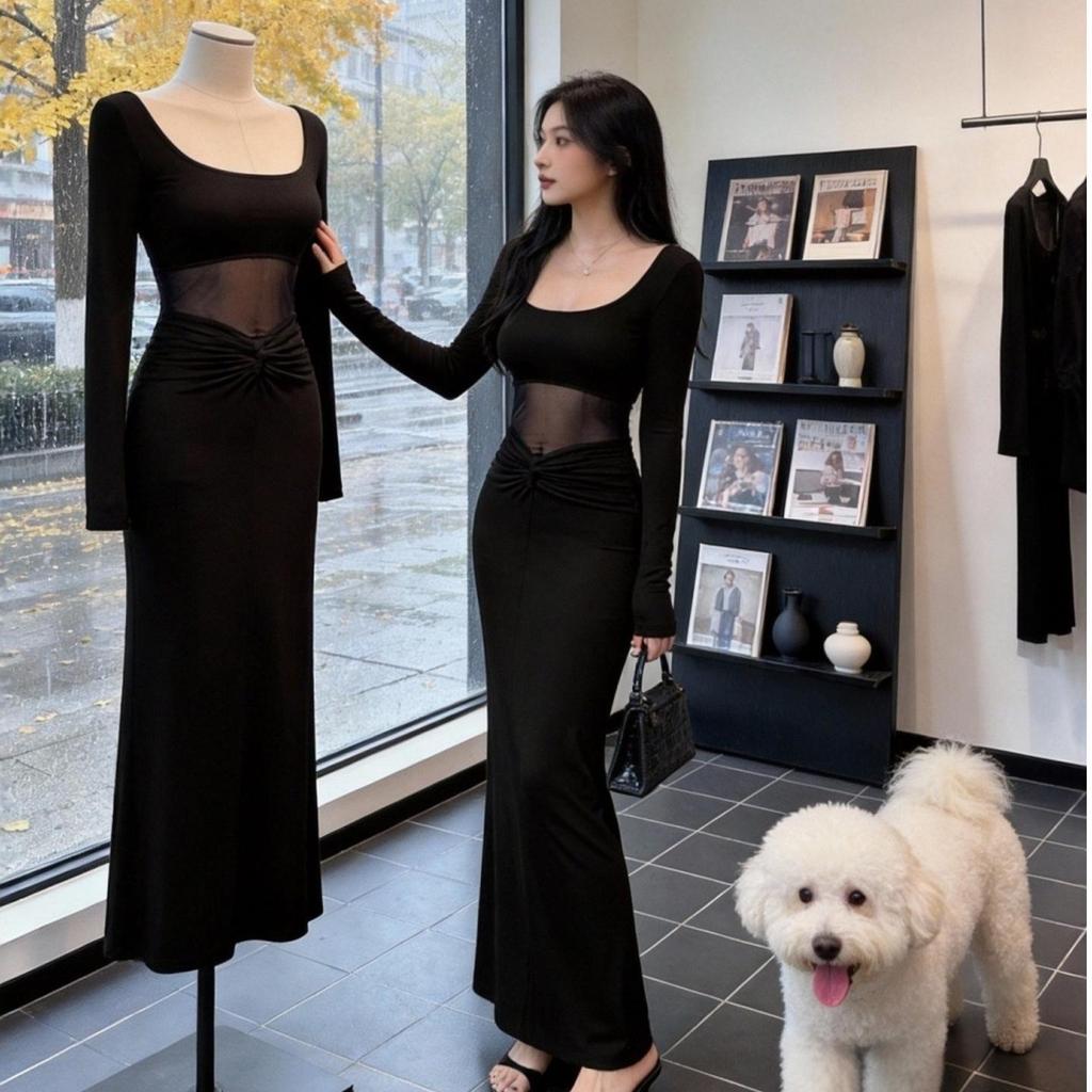 2026 Spring Women's Sexy Mesh Splice Long Dress: Slim Waist-Cinching, Hip-Hugging Design