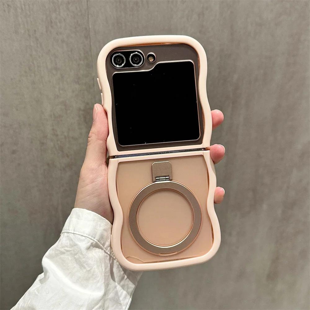 Curly Wavy Frame Translucent 360°Rotated Ring Holder Stand Cover For Samsung Galaxy Z Flip 6 5 4 3 5G For Magsafe Magnetic Case