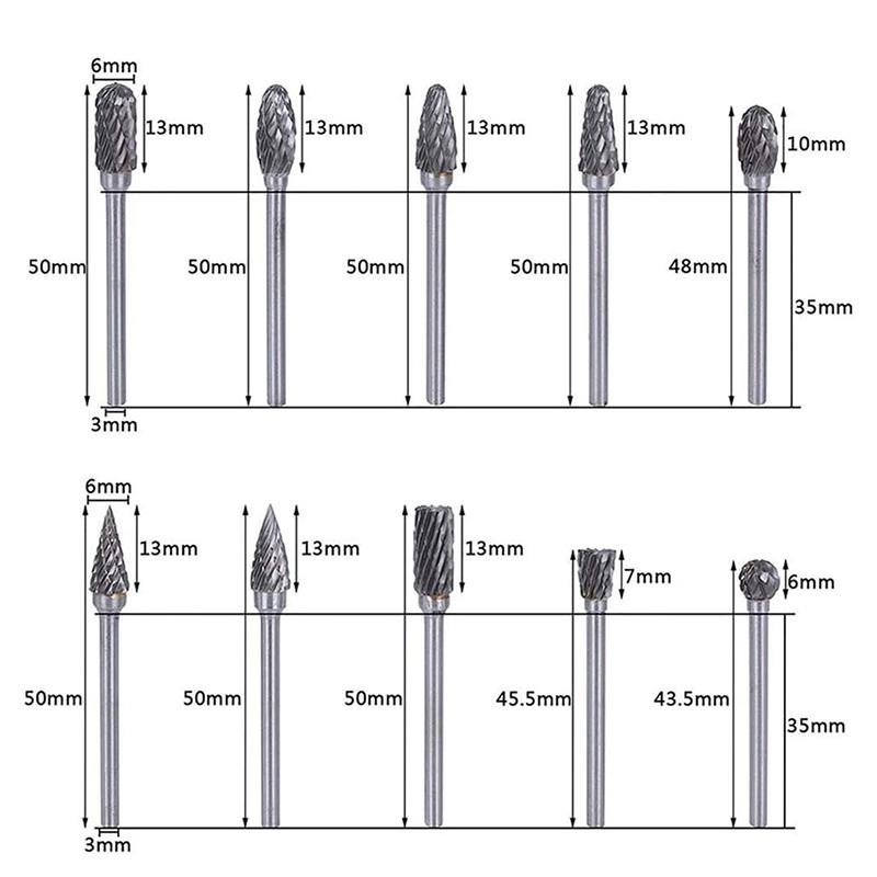 Double Cut Carbide Rotary Burr Set - 10 Pcs 1/8" Shank, 1/4" Head Length Tungsten Steel for Woodworking,Drilling, Metal Carving, Engraving, Polishing