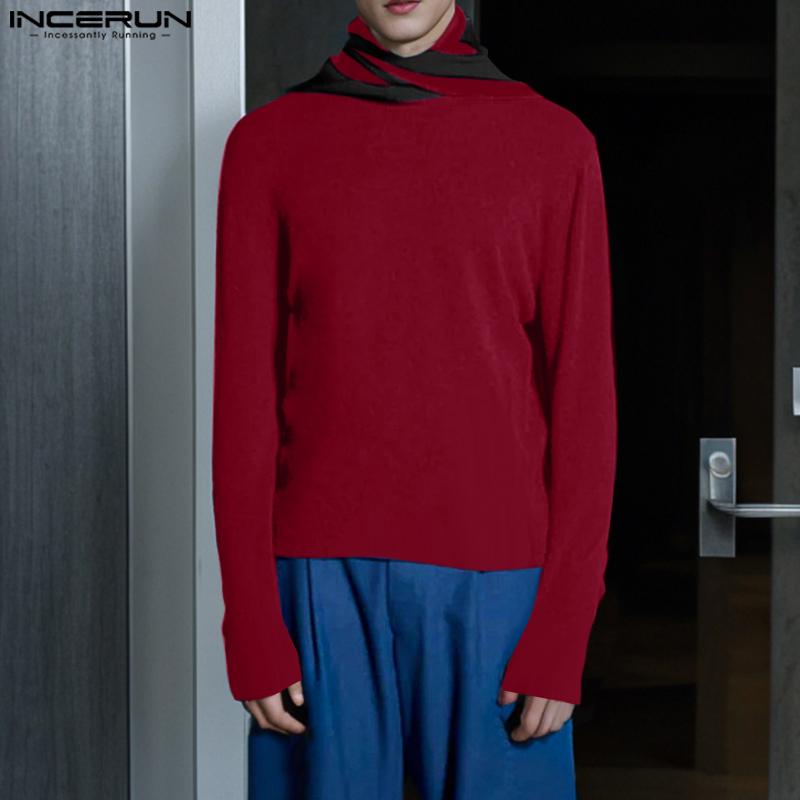 INCERUN Men High Neck Long Sleeve Scarf Pullover Casual Patchwork Tops