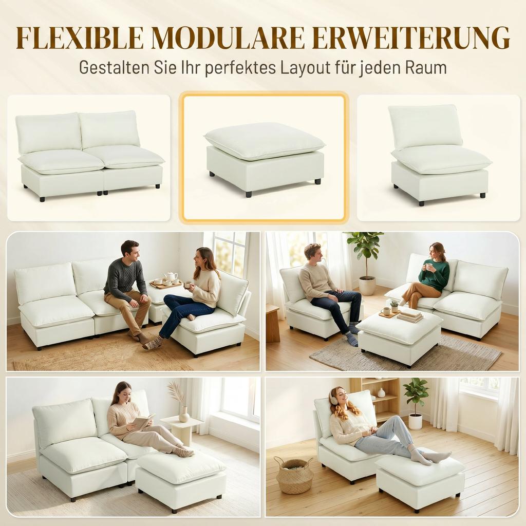 Footstool Modern Fabric Ottoman with Plastic Legs for Living Room and Bedroom, 75 cm, Cream White