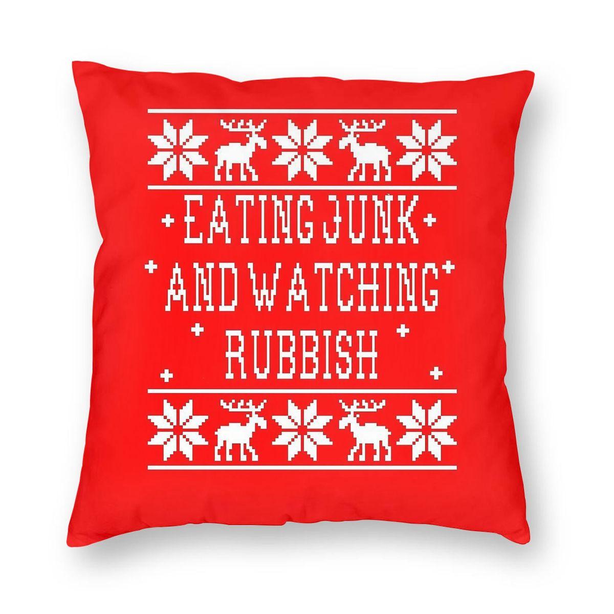 Eating Junk And Watching Rubbish Pillowcase Polyester Linen Velvet Pattern Zip Decorative Pillow Case Bed Cushion Cover Peach skin 18*18(CM)-1Pcs