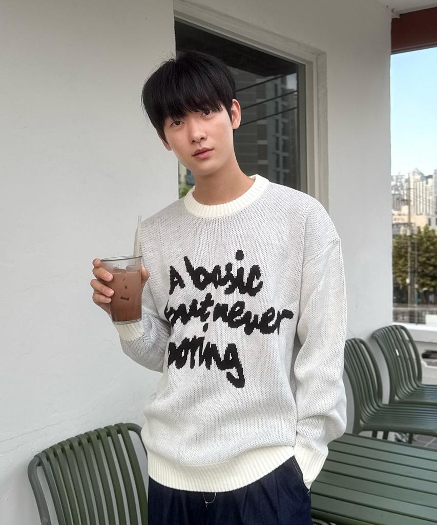 BLOND9 Slogan Round Knit Sweater_White (Type A)