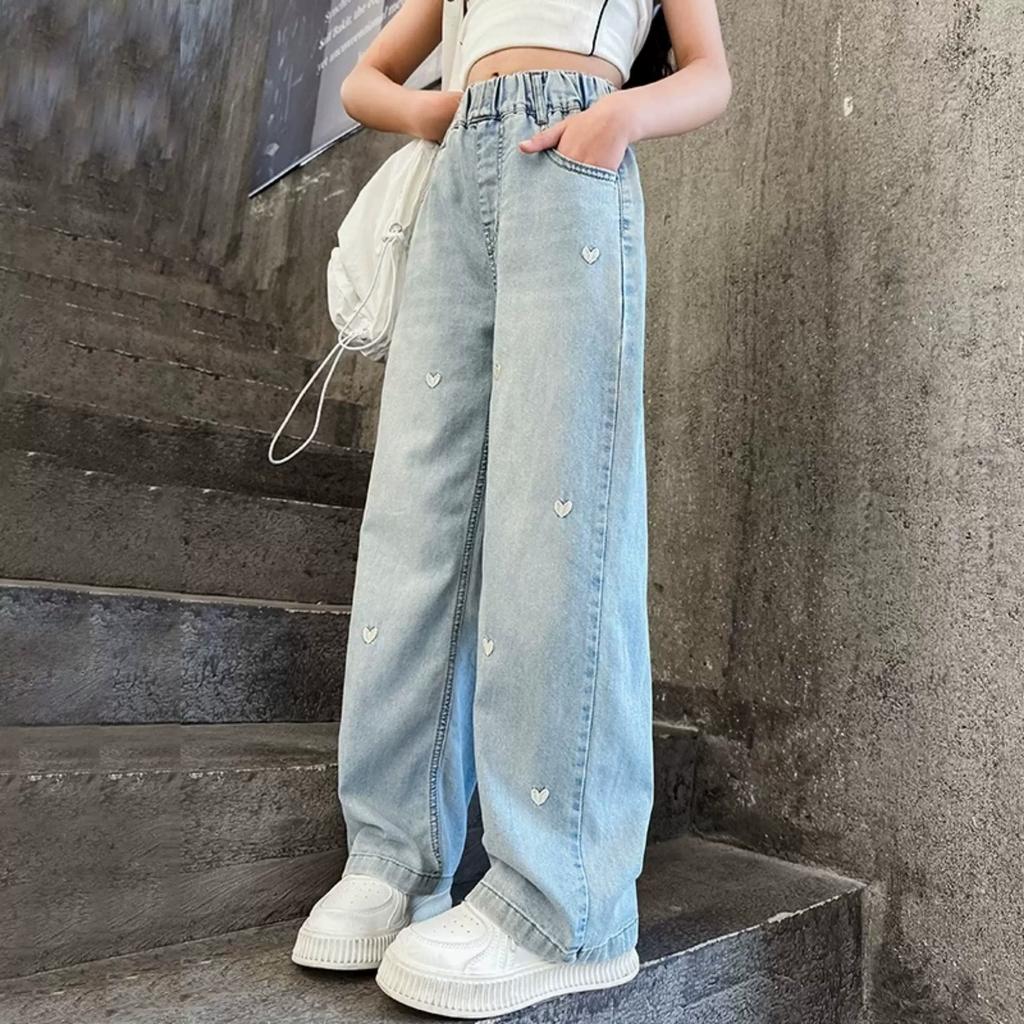 Summer Spring Girls Middle School Fashion Loose Solid Color Small Love Jeans Casual Pants Wide Leg Pants 4-10 Years Old