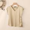 ZANZEA Womens Casual V-Neck Solid Color Drawstring Hem Loose Short Sleeve Blouse