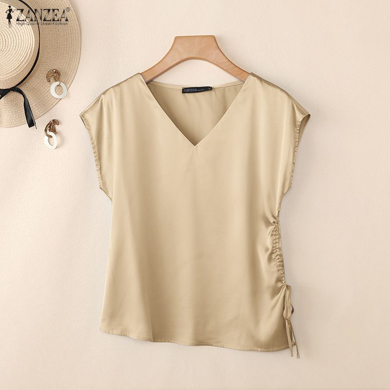 ZANZEA Womens Casual V-Neck Solid Color Drawstring Hem Loose Short Sleeve Blouse