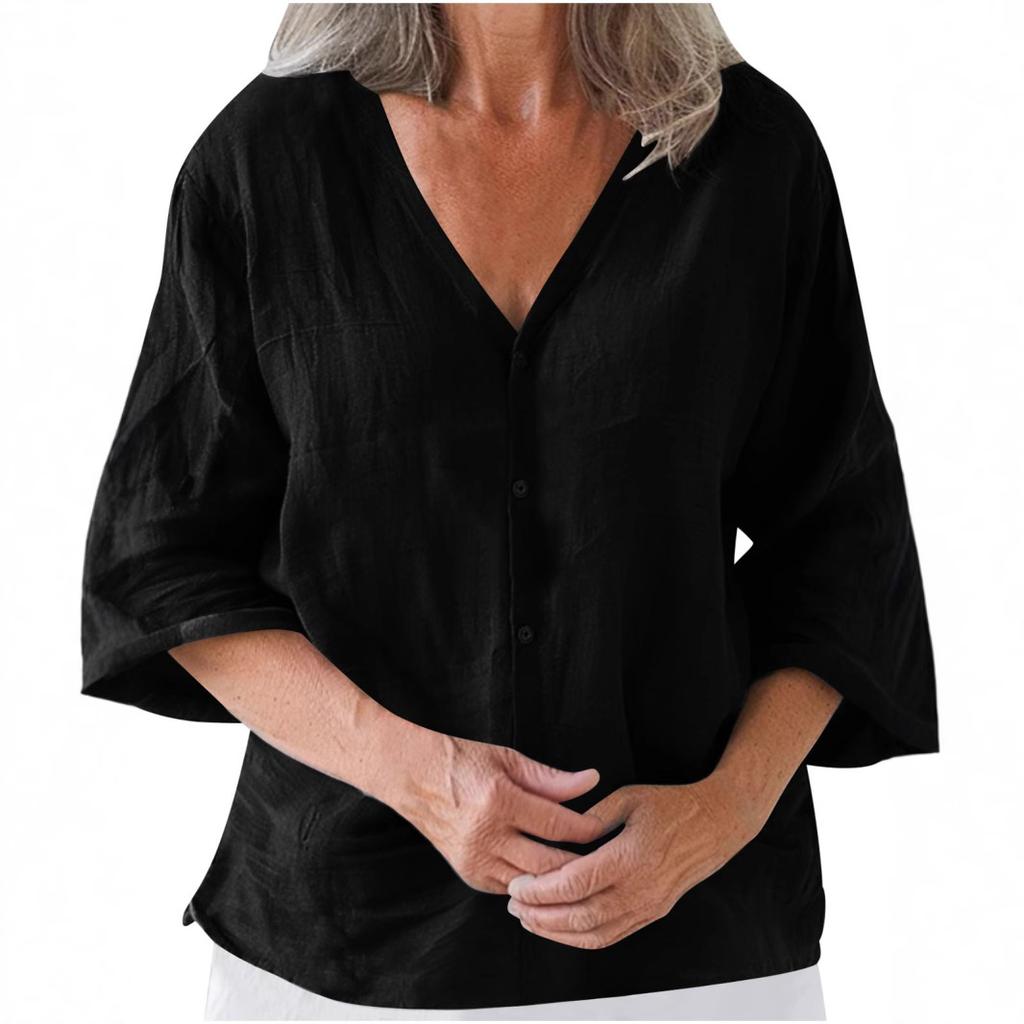 Women's Casual V-neck Cardigan Cotton Linen Solid Color Women's Top Shirts