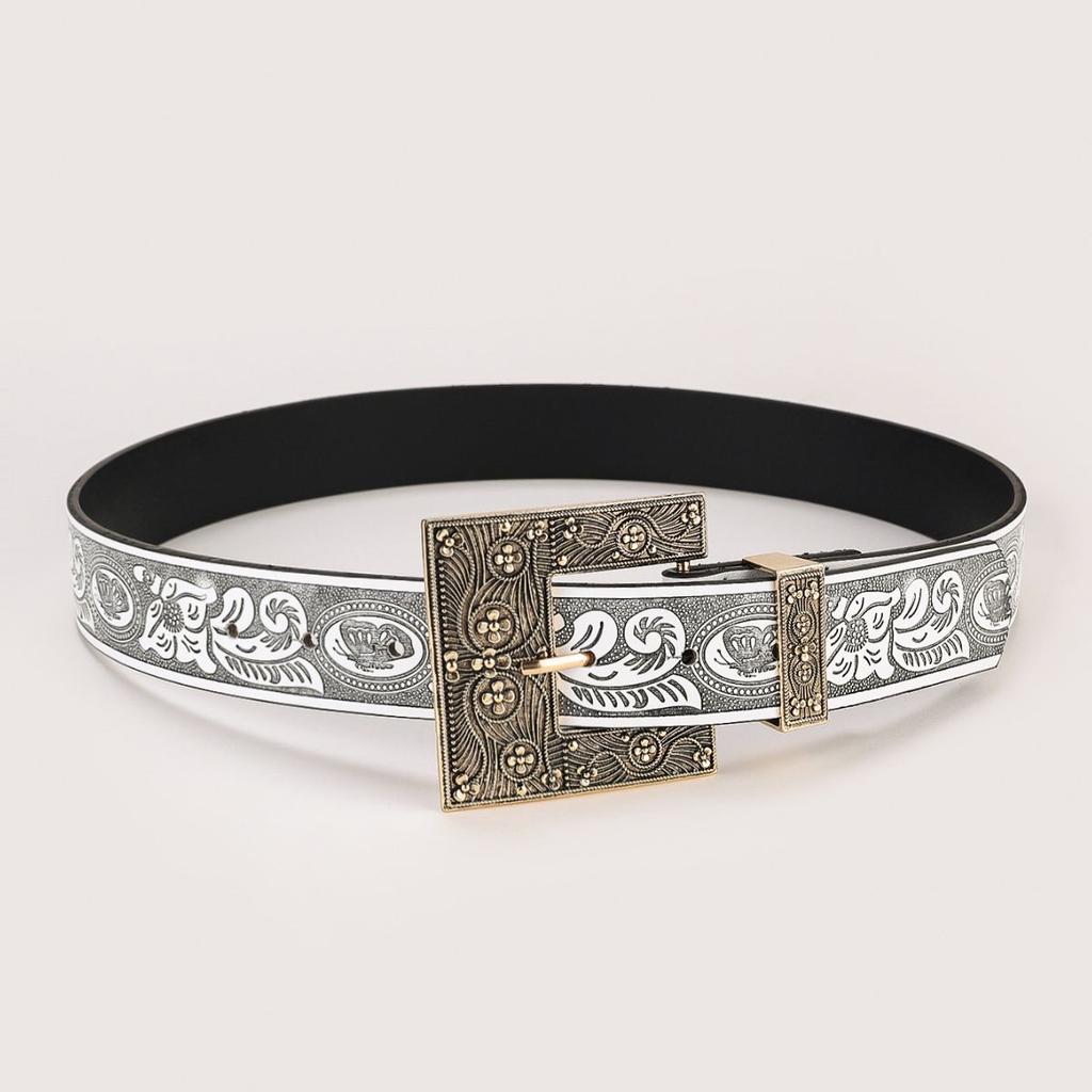 Ethnic Stylish Retro Floral Leather Belt With Metal Buckle For Men And Women