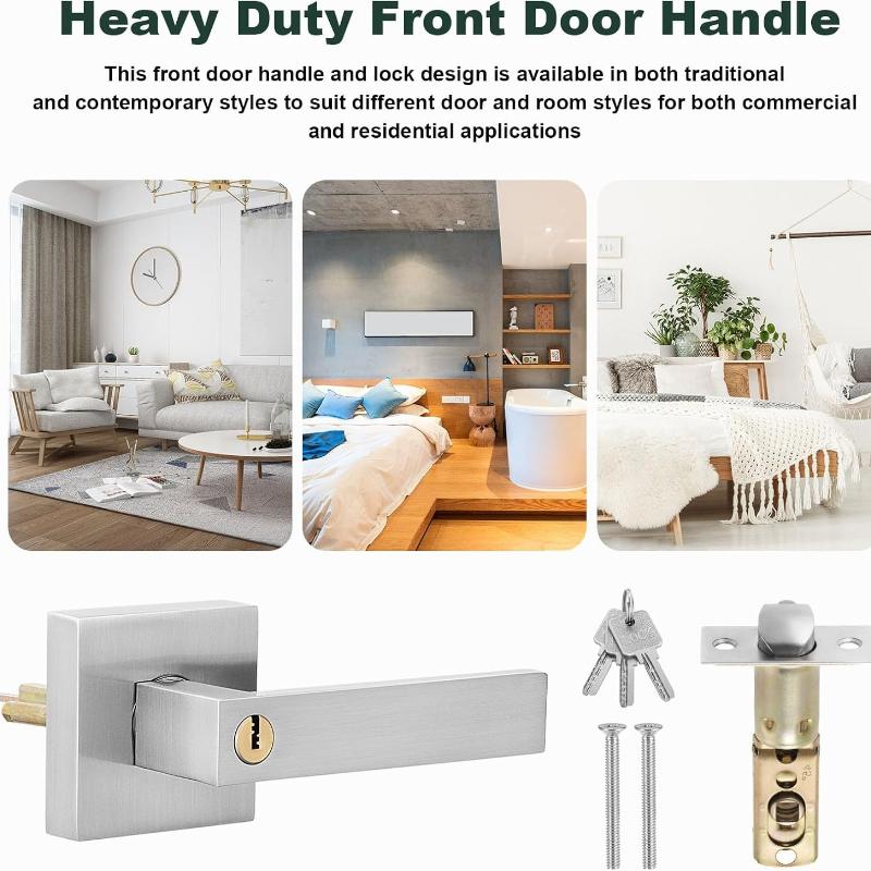 Door Lever Handle Lock,Interior Door Handle with Lock and Key Square Entry Door Handle for Bedroom Office Left or Right Handing (Silver)