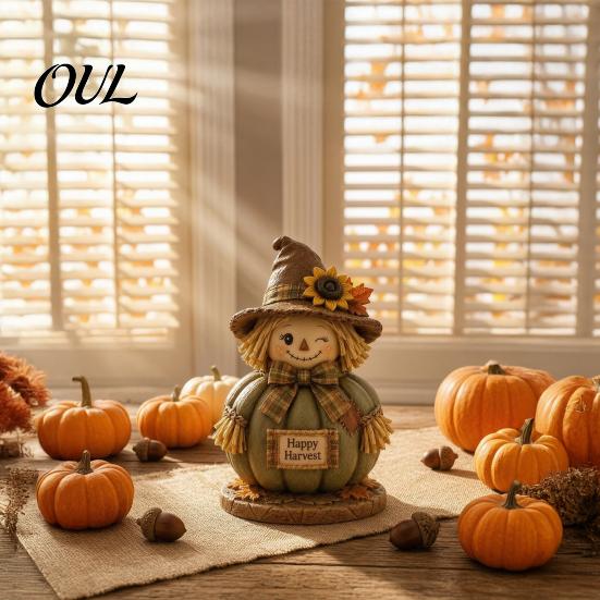 Fall Mantel Fireplace Display Scarecrow Figurine, Wooden Pumpkin Statue, Rustic Autumn Hand Held Theme Placard Decor Harvest Tabletop Decoration