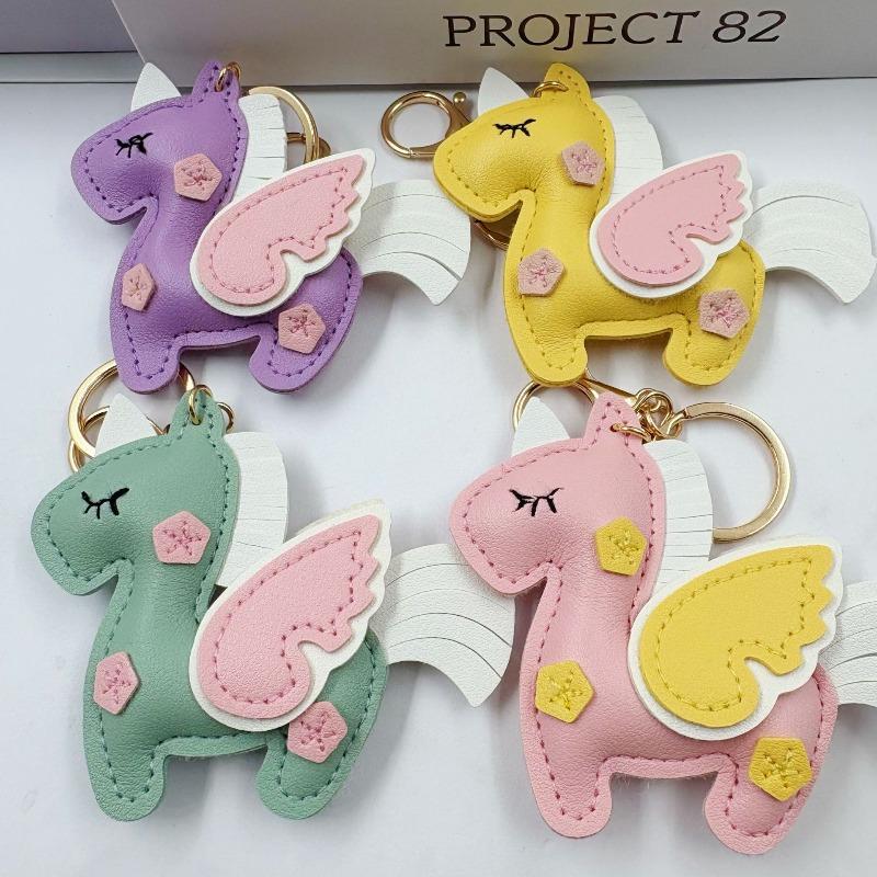Miniso Cartoon Unicorn Pegasus Faux Leather Keychain/colorful Car Key Charm Cute Style Bag Accessory Gift