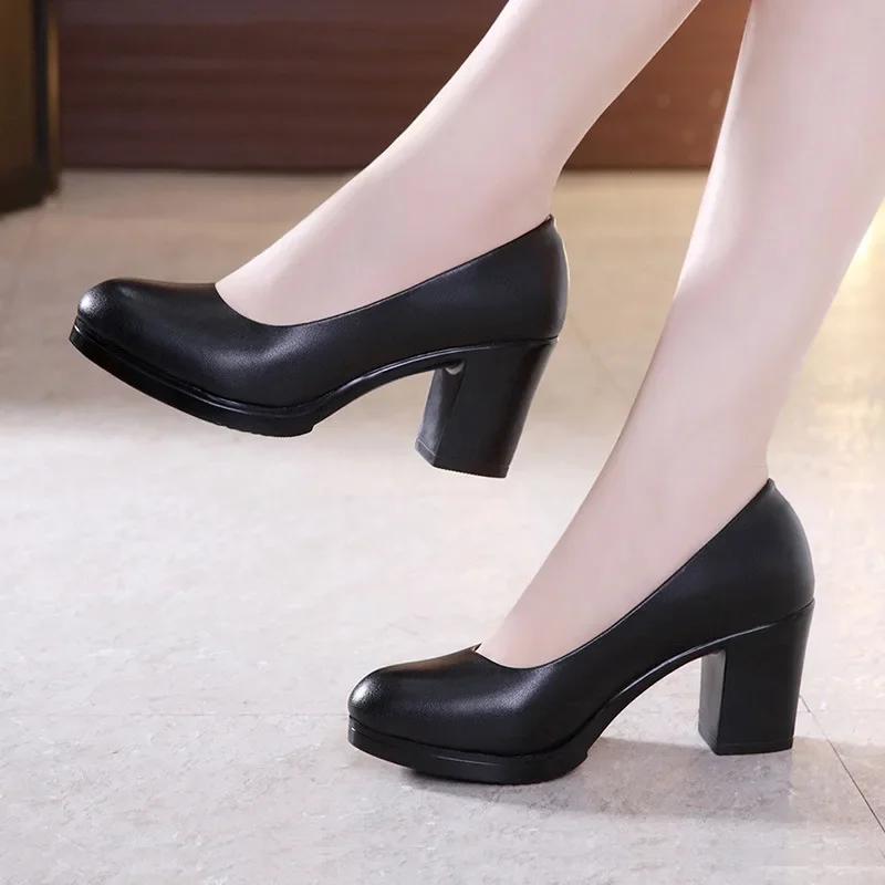 6cm Small Size 32-43 Shallow Formal Dress Shoes Women Pumps 2025 Black Med Block Heels Shoes Platform for Office Court Work Mom