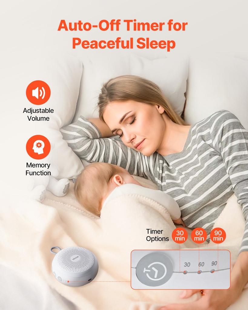 VEVOR Sound Machine, 20 Soothing Sleep Sounds, 4-in-1 Hangable White Noise Sound Machine with Auto-Off Timer, Soft Ring Light