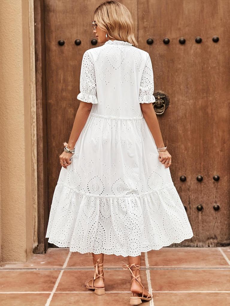 Hollow Lace Women's Dress - Elegant White Eyelet, Midi, Loose Fit, V-Neck, Short Sleeve