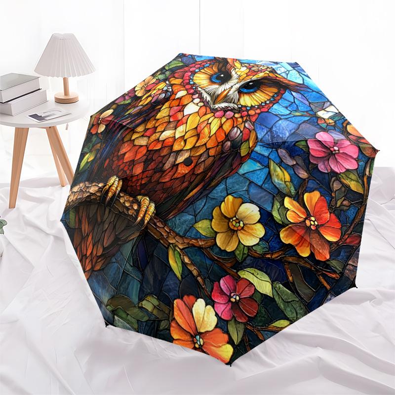 1 PC Automatic Folding Umbrella - Owls and Flowers Pattern, Portable & Foldable Design with 8 Ribs, Christmas Birthday Gifts