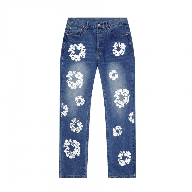 Streetwear Cotton Denim Jacket Pants Set With Floral Print Unisex Fall Outfit