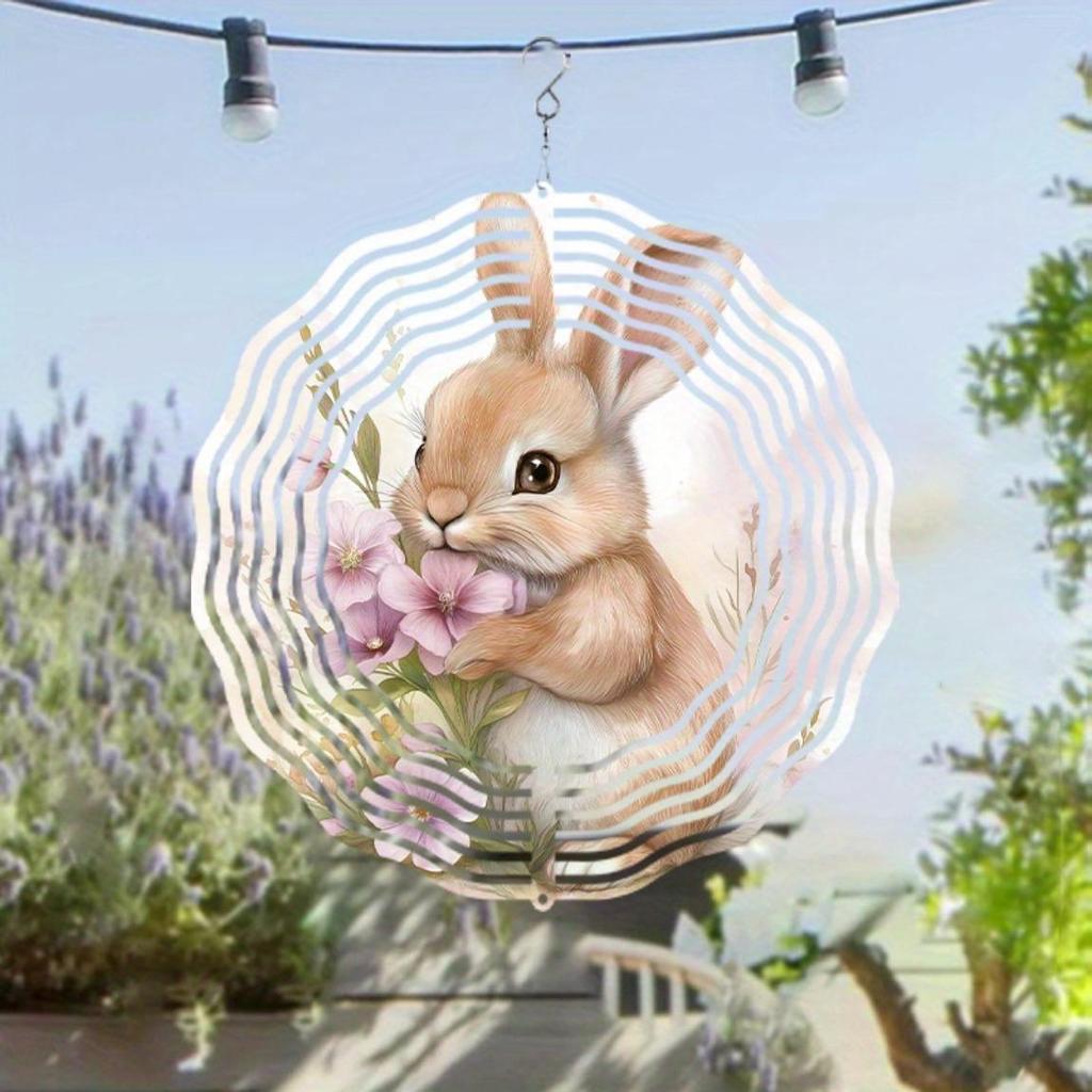 Rabbit Floral Wind Chime for Outdoors 10 Inch Rotating Metal Garden Decor Balcony Hanging Ornament No Battery Needed Gift Idea