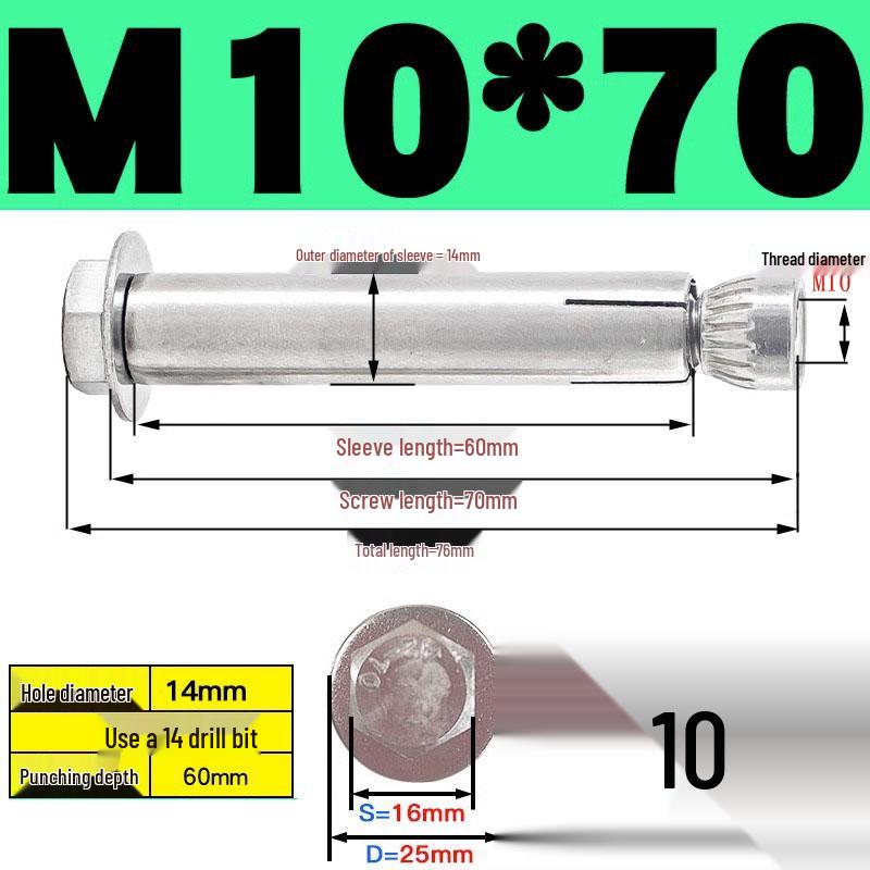 Stainless Steel Expansion Screw: Hexagonal Head with Internal Expansion (304/201), Sizes M6, M8, M10, M12.