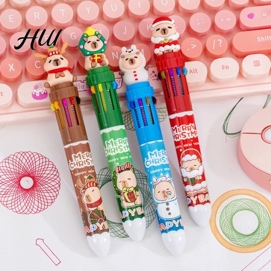 Marker Pen Set Christmas 10-Color Ballpoint Santa Snowman Topper Designs Multi-Color Festive Themed Writing Tool Fun Holiday Gift for Students Friends