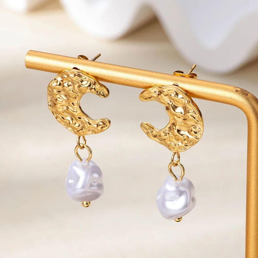 Stainless Steel Moon Pearl Earrings Gold Color Anti Fading Earring for Women Vacation Wedding Party Jewelry Accessories Gifts