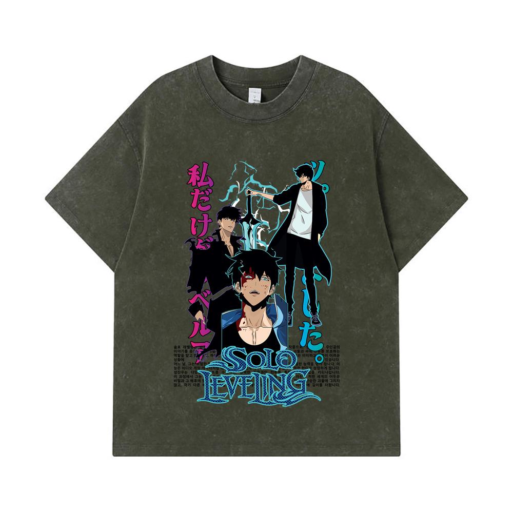 

275 GSM Washed T-shirts 100% Cotton Solo Leveling V2 Sung JinWoo Print Unisex Heavy Cotton T Shirt S армия зеленый