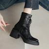 Retro Lace Up Chunky Heel Women Ankle Punk Back Zipper Round Toe Knight Fashion Non Slip Short for Adult Women