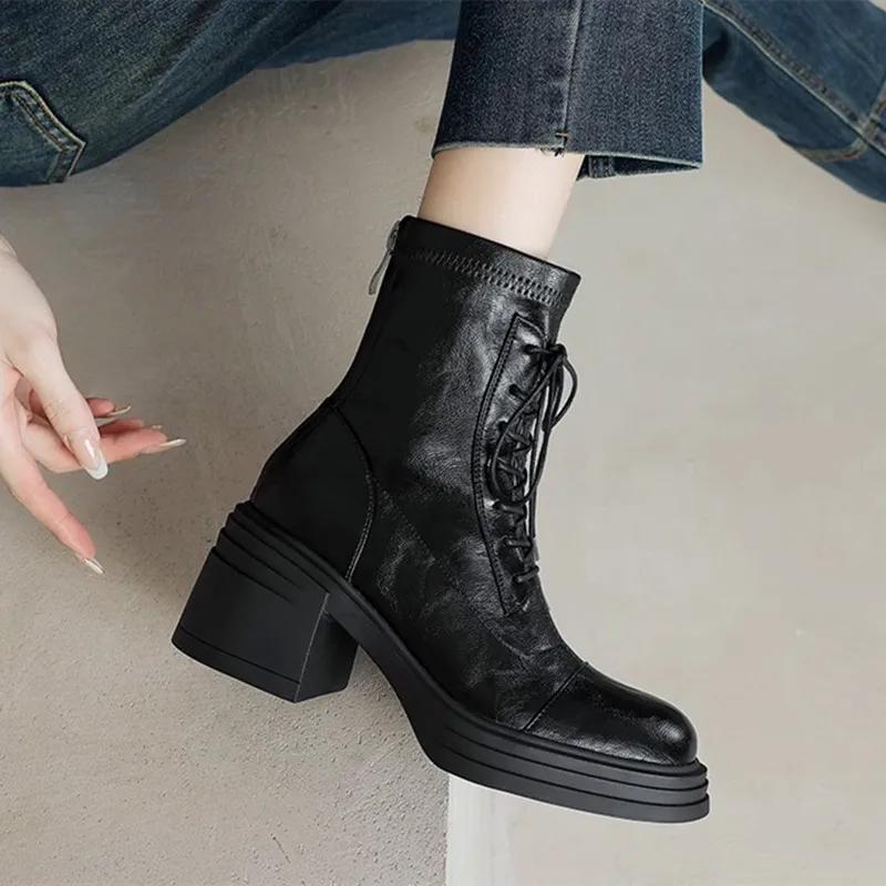 Retro Lace Up Chunky Heel Women Ankle Punk Back Zipper Round Toe Knight Fashion Non Slip Short for Adult Women