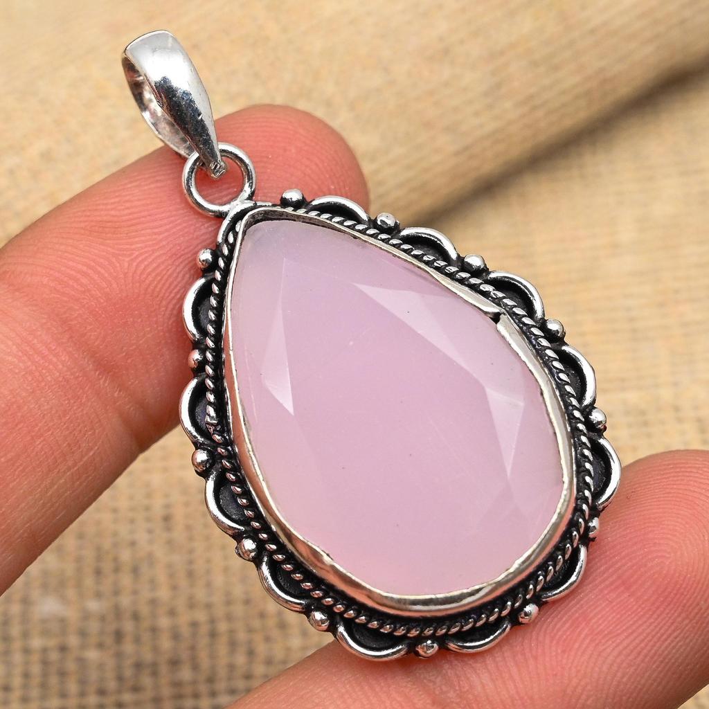 Faceted Pink Chalcedony Gemstone Handmade 925 Sterling Silver Pretty Pendant For Gift