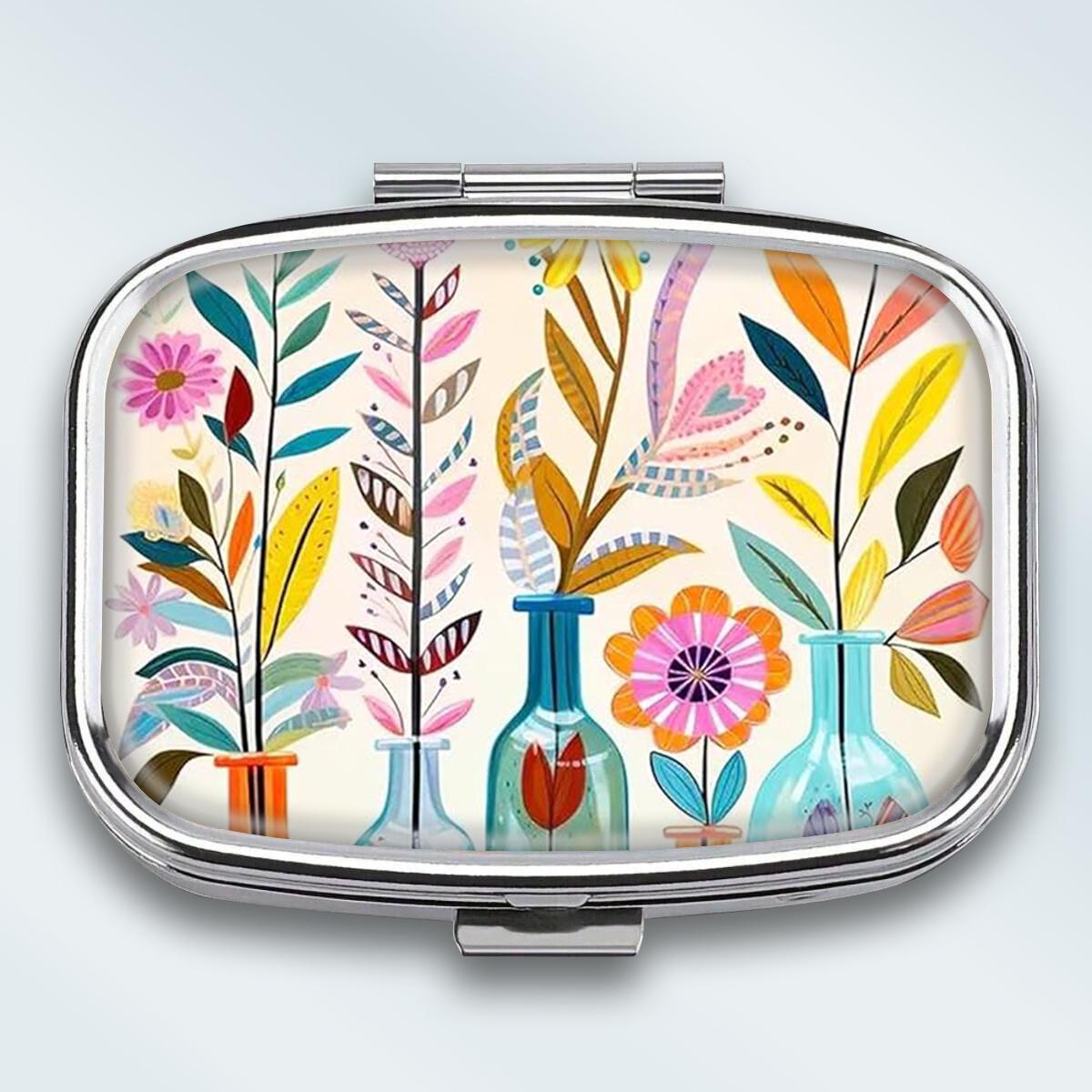 

Portable Pill Box with 2 Compartments, Mini Metal Medicine Organizer Case, Cute Printed Pill Container for Vitamins, Pills, Jewelry, Travel, Daily Use разноцветный