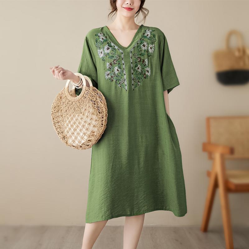 MOJTA Summer Embroidered Short-sleeved Dress Loose All-match Cotton Mid-length Skirt