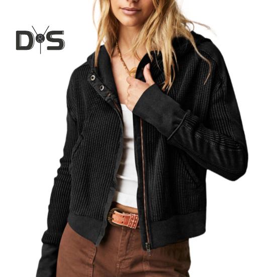 

Женская вафельная трикотажная толстовка с капюшоном на молнии с длинным рукавом, укороченные толстовки, повседневные ребристые короткие куртки с карманами L чёрный