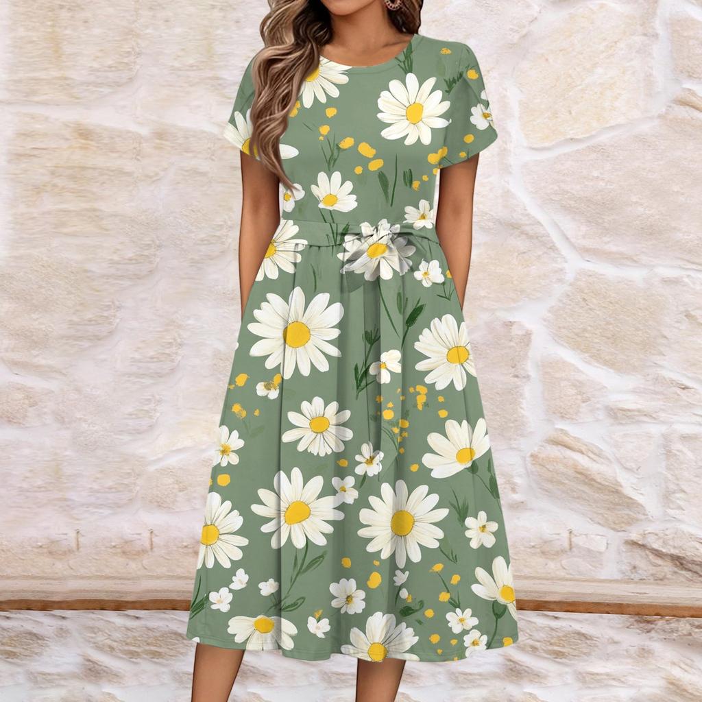 Women's Summer  Casual Floral Print  Round Neck Midi Dress Basic Classic Outdoor Everyday Short Sleeve Loose Dress