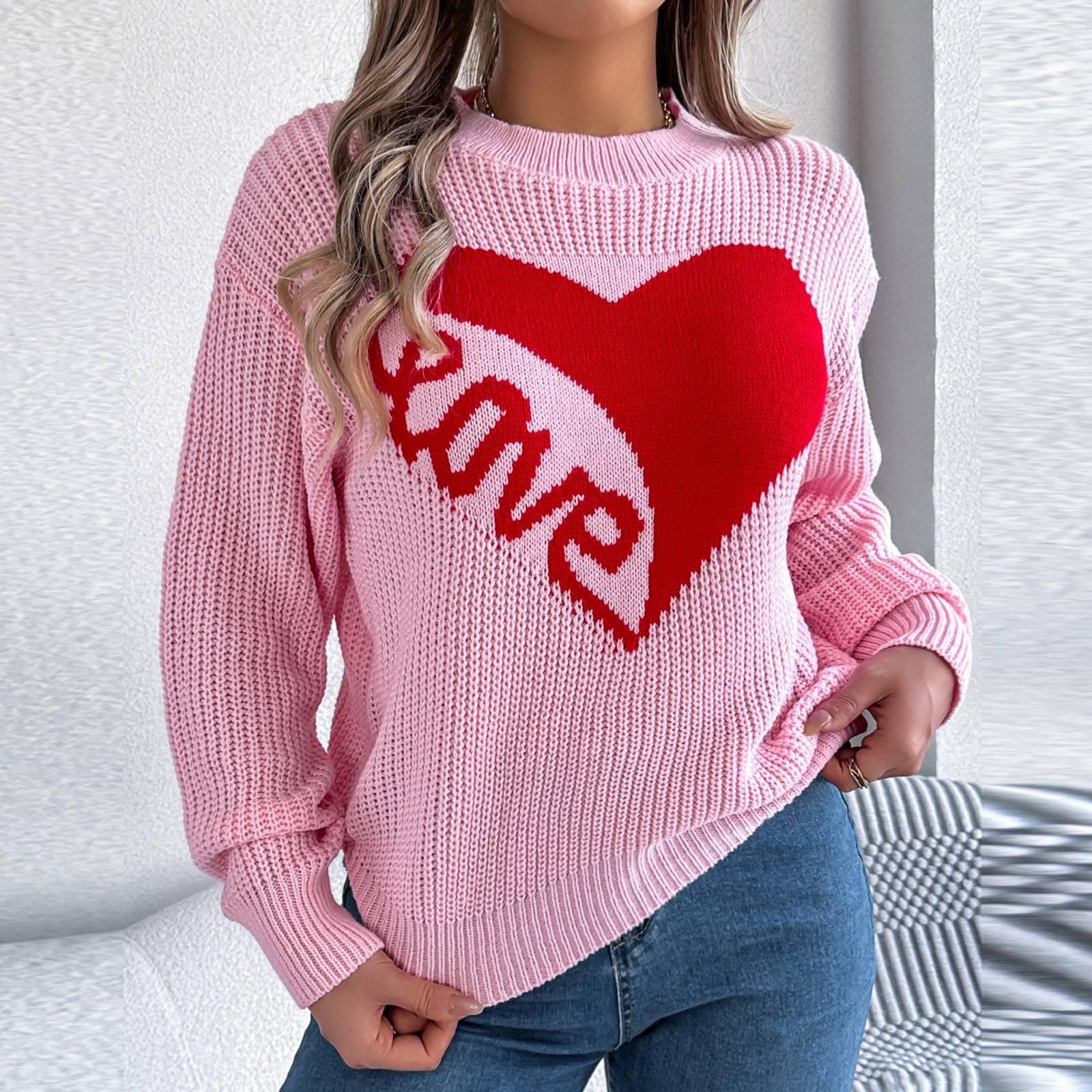 

Женская мода повседневный свободный свитер с длинным рукавом и принтом сердца LOVE XL розовый