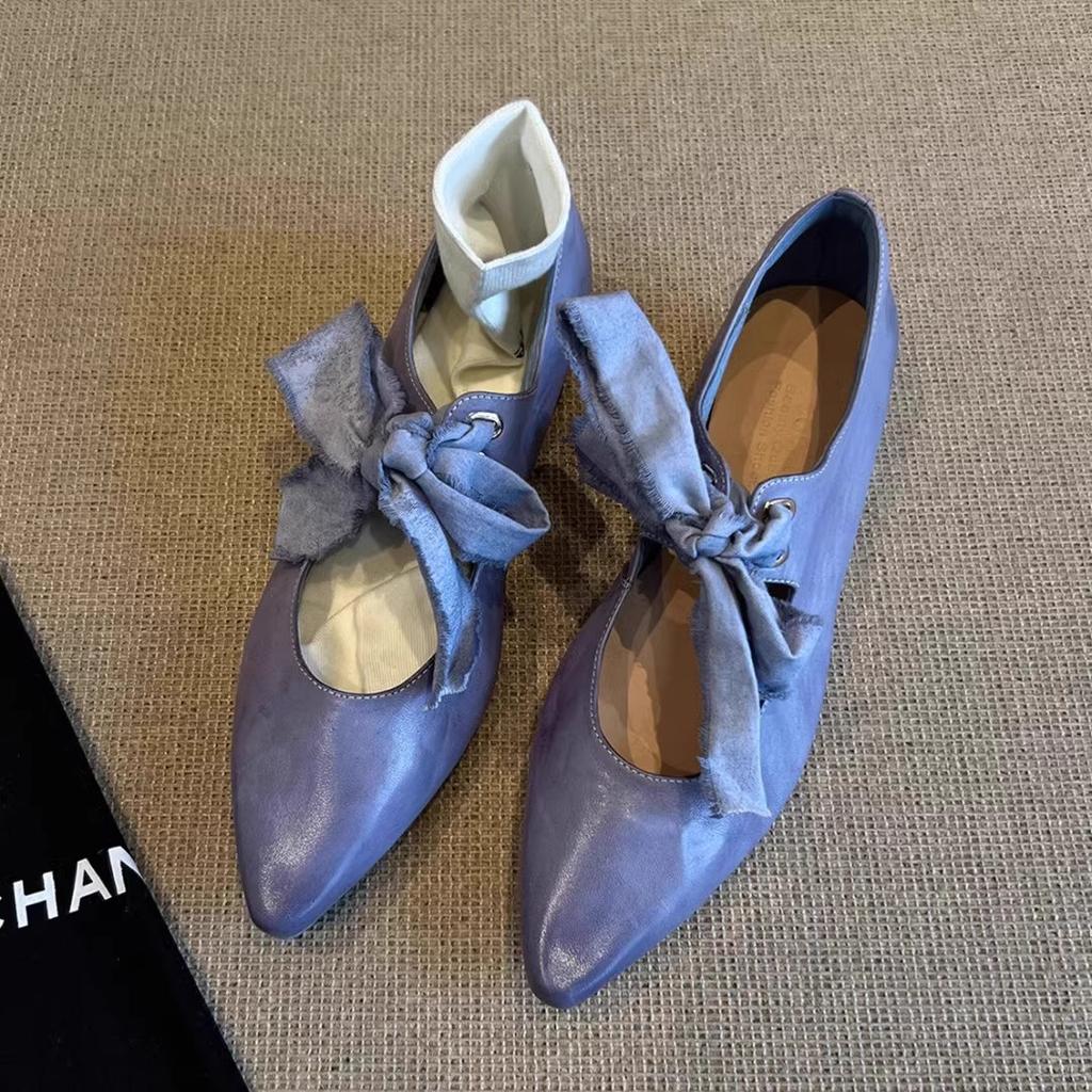 Cowhide version~ pointed lace-up literary and artistic ballet shoes for women's niche light luxury bow shallow mouth Mary Jane single shoes