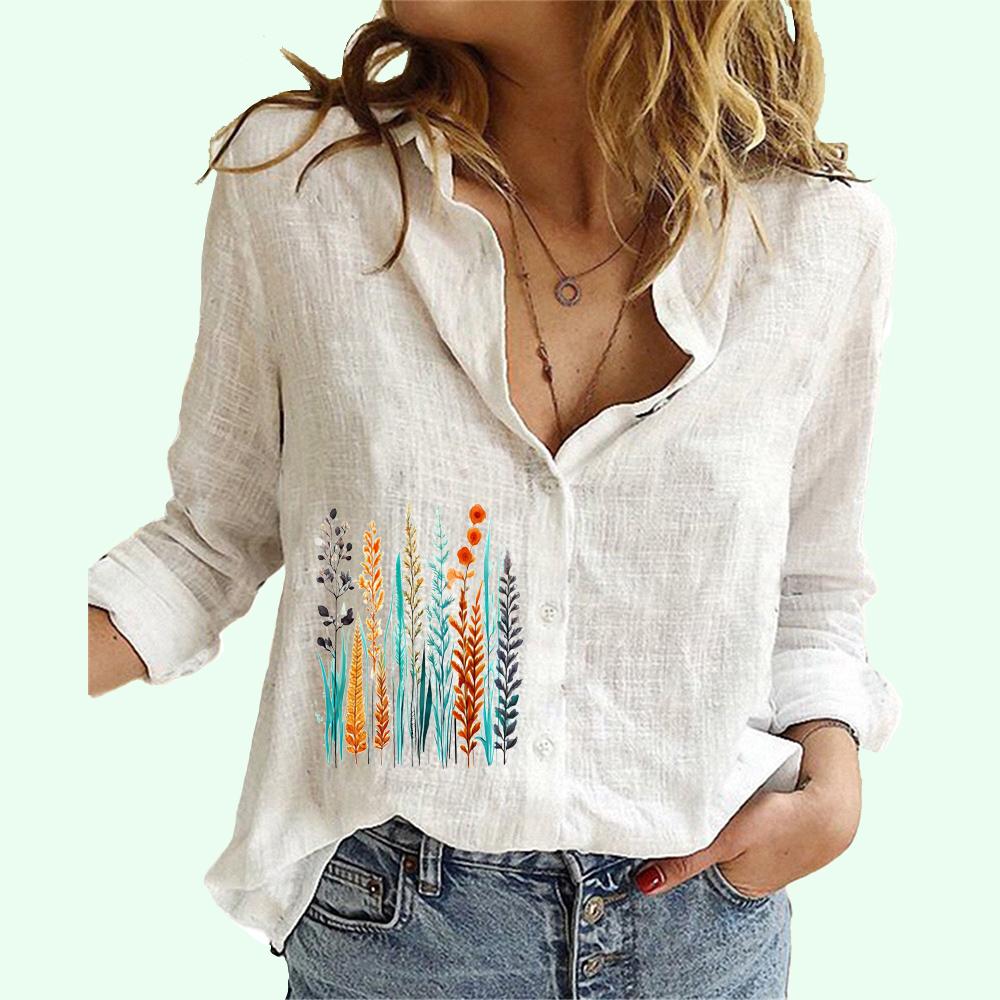 Women Fashion Cotton Linen Shirt Summer&fall Loose Long Sleeve Top Ladies Casual Flower Print Button-up Blouses
